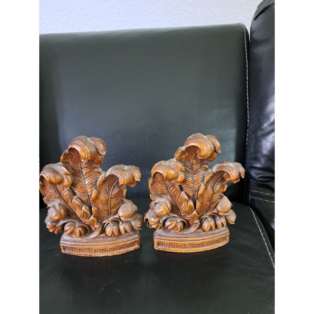2 Vtg 1940s Syroco Faux Wood Bookends Feathers Leafy Leaves Floral EUC Book Ends